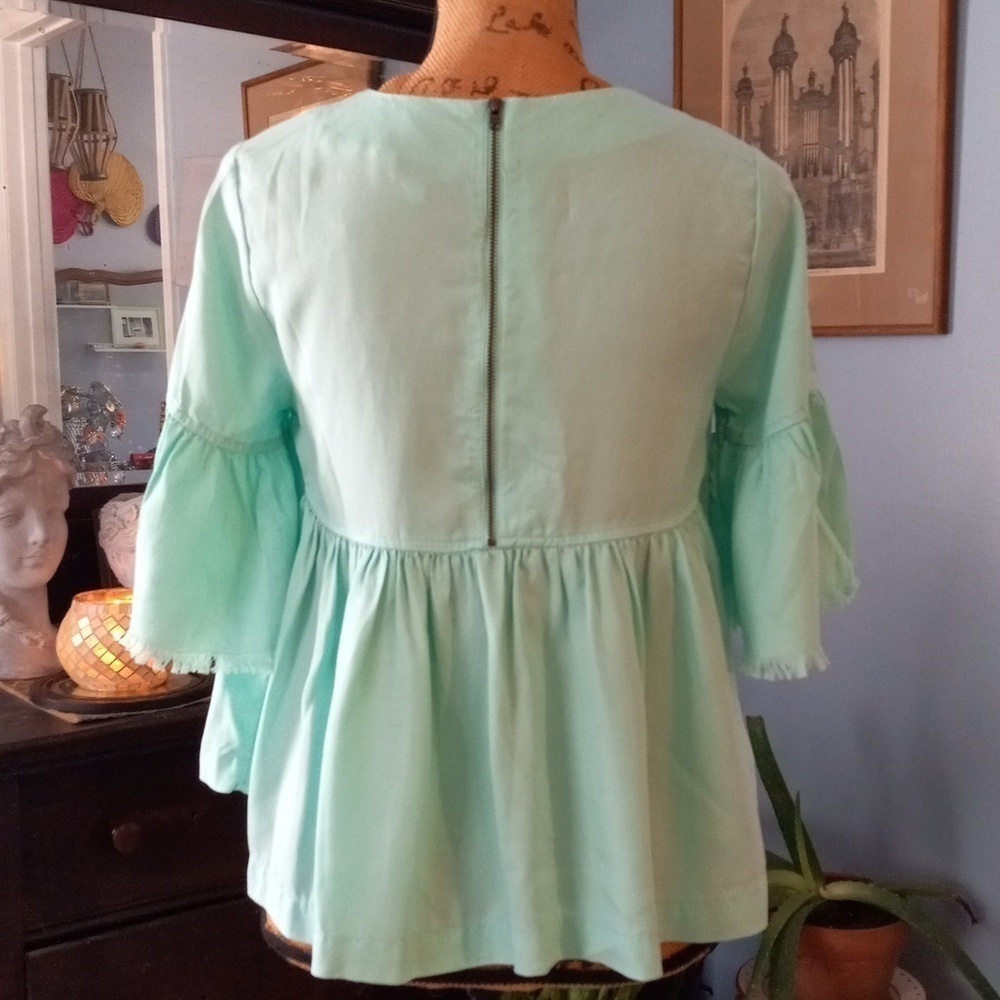 Crown and Ivy Mint Blue-Green Babydoll Pleated Bell Sleeve Blouse - Picture 7 of 13